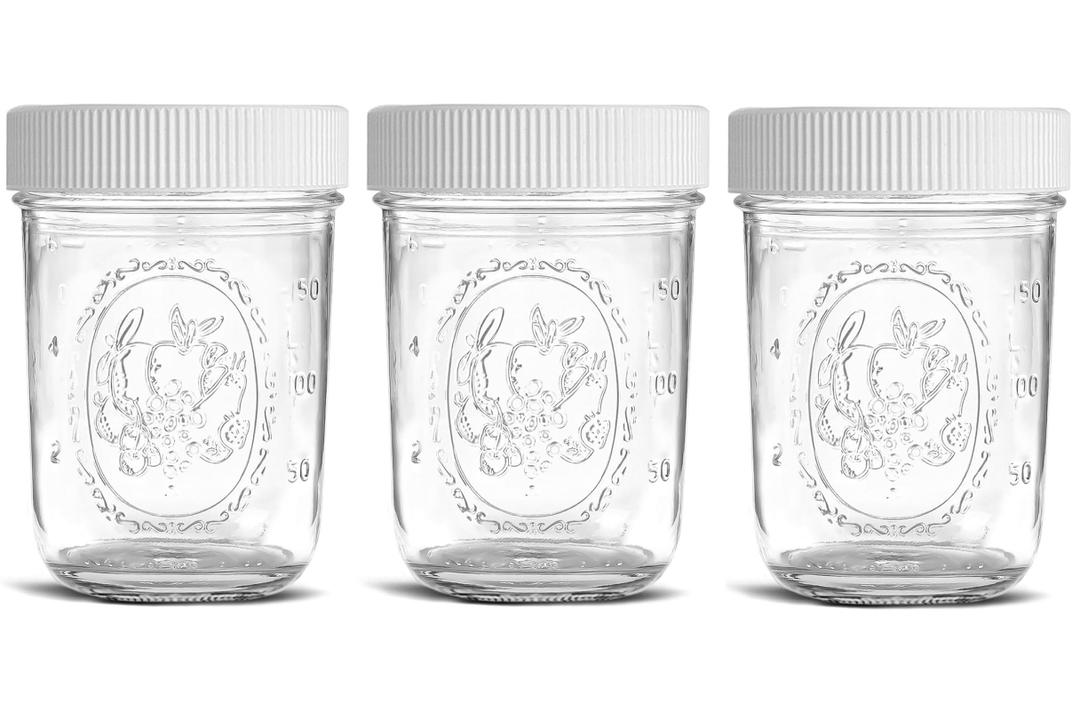 Regular Mouth Mason Jars 8 oz - (3 Pack) - Regular Mouth Half Pint 8-Ounces Mason Jars with White M.E.M Food Storage Plastic Lids - For Storage, Freezing - Leak Proof, Microwave & Dishwasher Safe