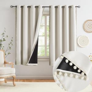 Jubilantex Pom Pom Blackout Curtains Beige Thermal Insulated Curtains Blackout Window Treatments 63" Long for Girls Kids Bedroom,52" Wide,2 Panels