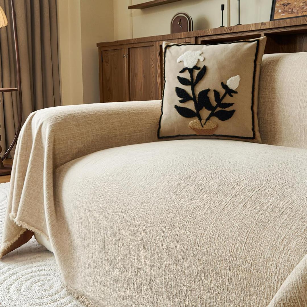 Washable Couch Covers for Sofa Soft Khaki Chenille Sofa Covers for Armchair Sectional L Shaped Pet-Friendly Couch Cover Blanket Crinkled Anti Scratch with Tassles 71" x 91"