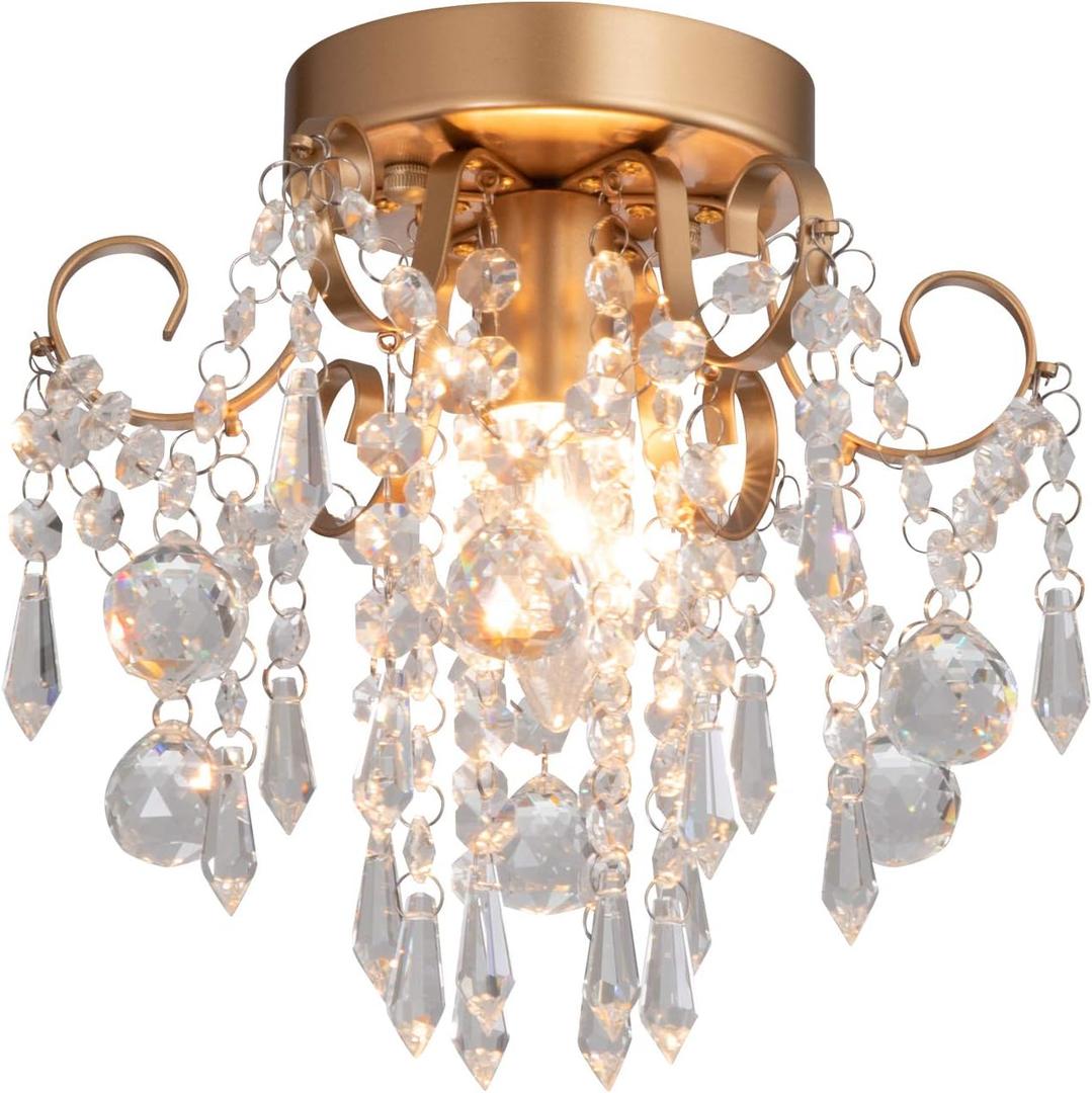 Q&S Mini Chandelier Crystal Ceiling Light,Small Flush Mount Gold Light Fixture for Entryway Bedroom Barthroom Hallway Closet E26