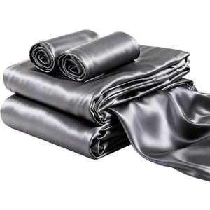 4 Pieces Satin Sheet Set Breathable Cooling Bedding Set Deep Pocket Silky Bed Sheets Dark Gray Queen Size