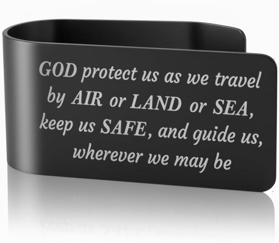 2 x God Protect Us As We Travel by Air or Land Black Visor Clip for Cars, Driving Safe Christian Gifts for Driver Family Friend, Car Accessories for Religious, Traveler's Prayer Travel Protection