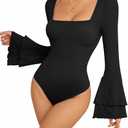 MANGOPOP Bell Sleeve Square Neck Bodysuits for Women Long Sleeve Bodysuit Going Out Tops L