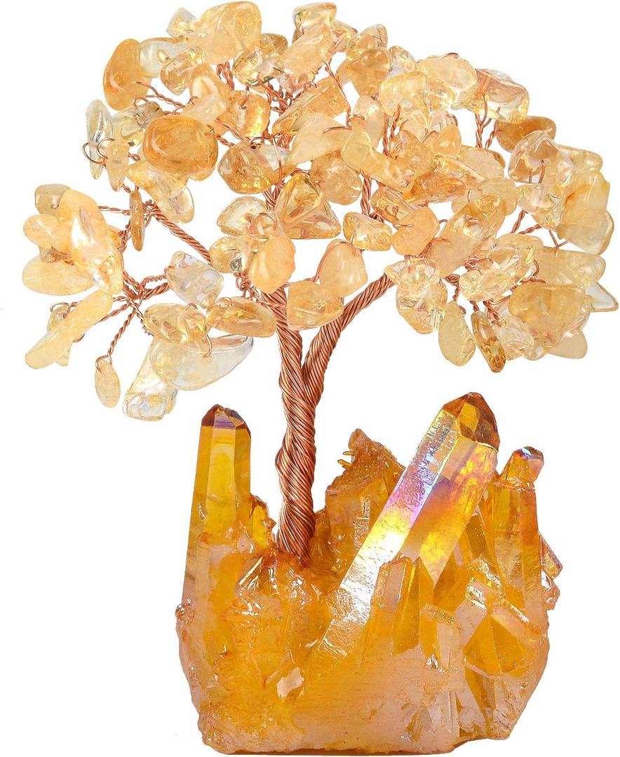 Natural Citrine Crystal Tree of Life,Quartz Cluster Yellow Titanium Base, Positive Energy Feng Shui Bonsai Money Tree Office Desk Home Decor for Wealth and Luck