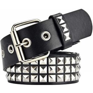 Black Studded Belt Punk Rock Rivet Belt Grommet Threads belts with Bright Metal Pyramid for Women Men (35-40 Inch)