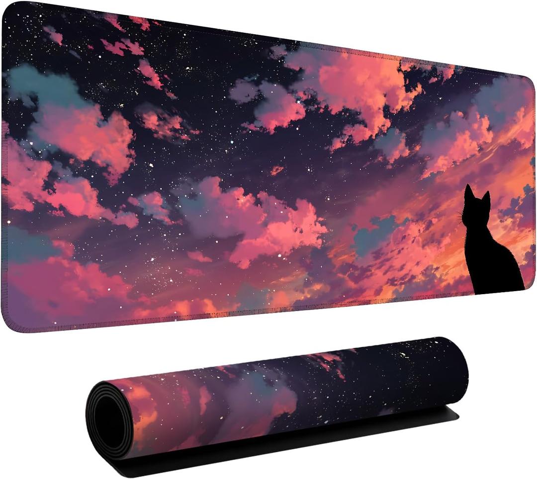 Cat Gaming Mouse Pad 35.4"x15.7" Large Extended Pad Desk Mat Anti-Slip Rubber Base & Durable Stitched Edges for Gamers Smooth Mouse Pad Writing Surface for Desk Office/Home