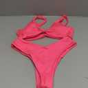 geluboao Bikini Set for Women Solid V Neck Knot Front Push Up High Leg Thong Two Piece Swimsuit (Medium, Bright Pink)