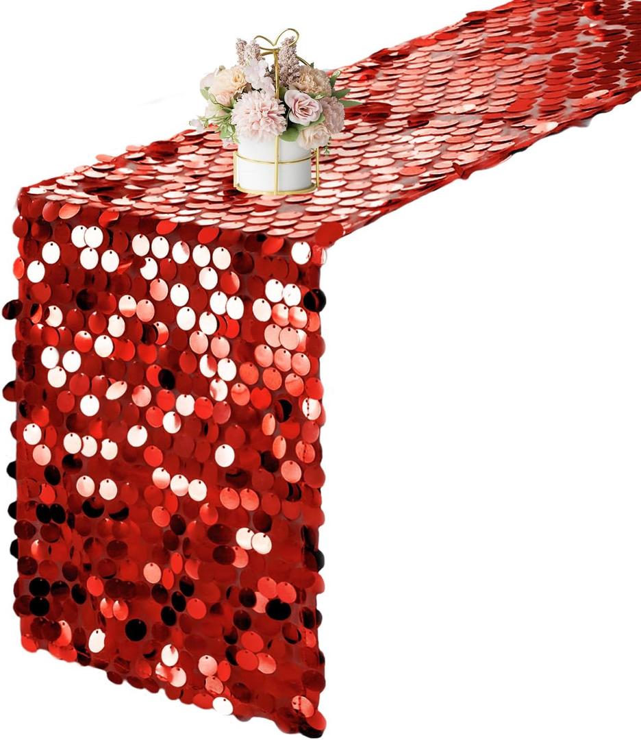 12 x 108 Inch Red Sequin Table Runner Glitter Rectangle Big Sequin Table Runner for Wedding Party Birthday Christmas Halloween Decoration (1 Pack)