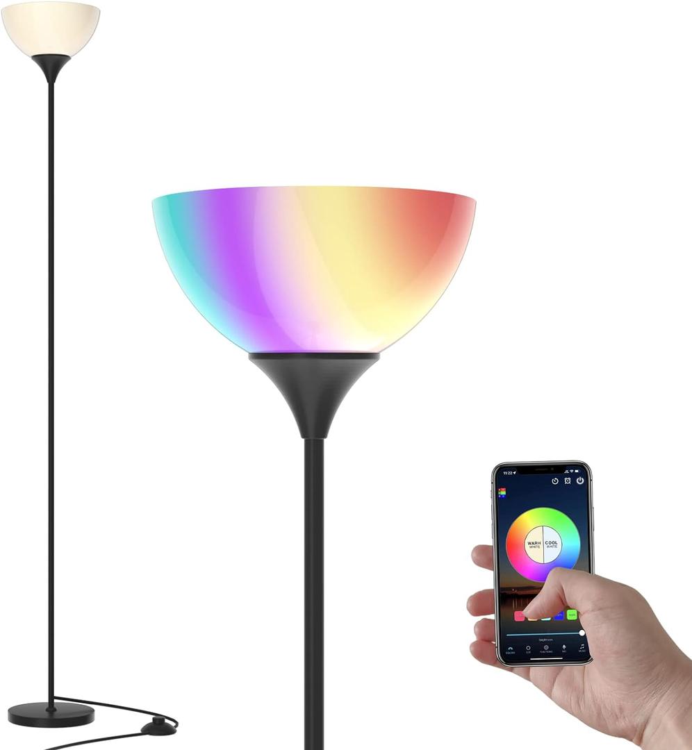 PESRAE Smart RGB Floor Lamp - Compatible with Alexa, Google Assistant WiFi App, Modern Color Changing, Dimmable for Living Room, Bedroom and Play Room (Matte Black+RGBCW Bulb)
