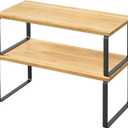 2 Pack Cabinet Organizer Shelves, Stackable and Expandable Kitchen Counter Shelf, for Kitchen Cabinet Countertop Storage, Spice Rack, Metal and Premium Bamboo (Black, 15.6" W)