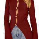 Womens 2026 Spring Slim Fitted Sweater Golden Button Split Tops Trendy Long Sleeve Open Front Knit Cardigan, Large