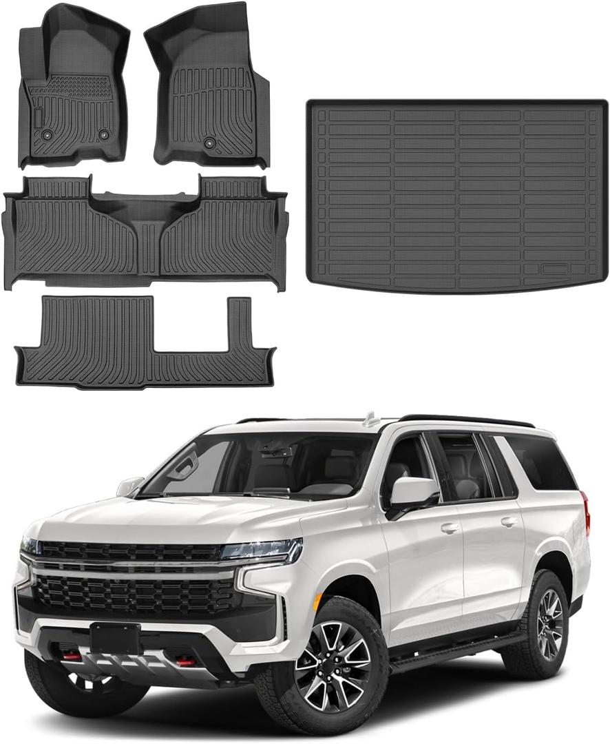 Powerty Floor Mats & Cargo Liner for 2021-2024 2025 2026 Chevy Chevrolet Suburban/GMC Yukon XL 8 Seats Accessories Floor Mats 2 Row Liner Set All Weather TPE 3D Floor Liners&Rear Cargo Mat