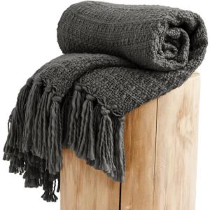 Chunky Knit Throw Blanket, Grey Soft Warm Cozy Bed Throw Blanket with Tassels, Boho Style Textured Knitted Home Decorative Blanket for Couch, Sofa &Bed, 50"x60"