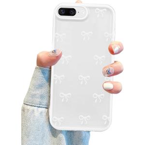 Jusy Compatible with iPhone 7 Plus/8 Plus Bow Phone Case, Cute Clear Ribbon Bowknot Pattern Aesthetic Soft TPU Transparent Cases Protective Phone Cover for Women Girly - White