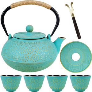 Japanese Tea Set,Cast Iron Tea Pot for Stovetop,Tea Pot with Infusers for Loose Tea,Tea Kettle with 4 Cups,Trivet&Cap Lifter,Flower Design Teapot,Coated with Enameled Interior-32 Ounce(900ml),Teal (32Ounce)