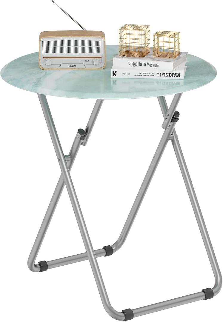 Folding TV Trays, Round Tray Table, Small Foldable Table with Light Weight, Portable Dinner Table for Eating, Snack Side Trays Table, 17.5 x 17.5 x 26 in (Ocean Blue Marble) (1pc)