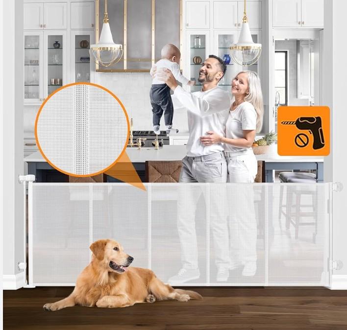 Reinforced No Drilling 100" Wide Retractable Baby Gates Extra Wide Dog Gate with Support Bars Mesh Baby Gate No Drill Retractable Pet Gates for Doorways No Drilling Retractable Dog Gates for The House (White)