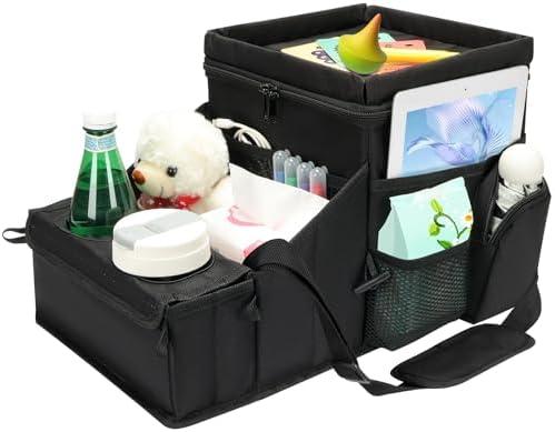 COOLBEBE Car Seat Organizer, Backseat Car Organizer with Cup Holders for Kids and Adults Travel, Cooler Compartment Passenger Seat Organizer Storage Box for Front or Middle Seat, Black