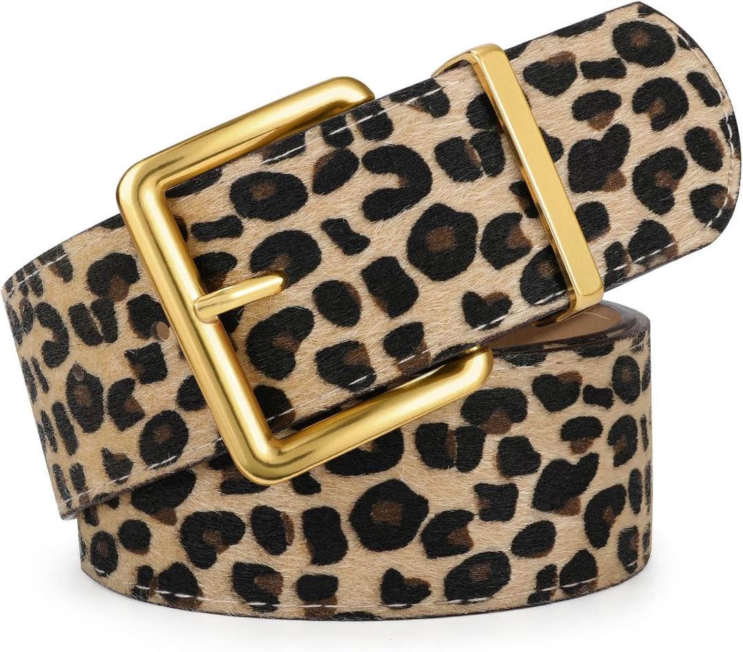 XZQTIVE Women Wide Chunky Belt for Dresses Fashion Thick Suede Belt with Gold Buckle (Fit Waist Size 23"-27", Leopard)