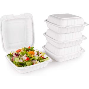FULING [8x8-Inch, 50 Pieces Disposable To Go Box Containers, Plastic Clamshell Takeout Food Trays, Microwave Safe, Cut Resistantstable Hinged Lid, Hybrid Polypropylene, White