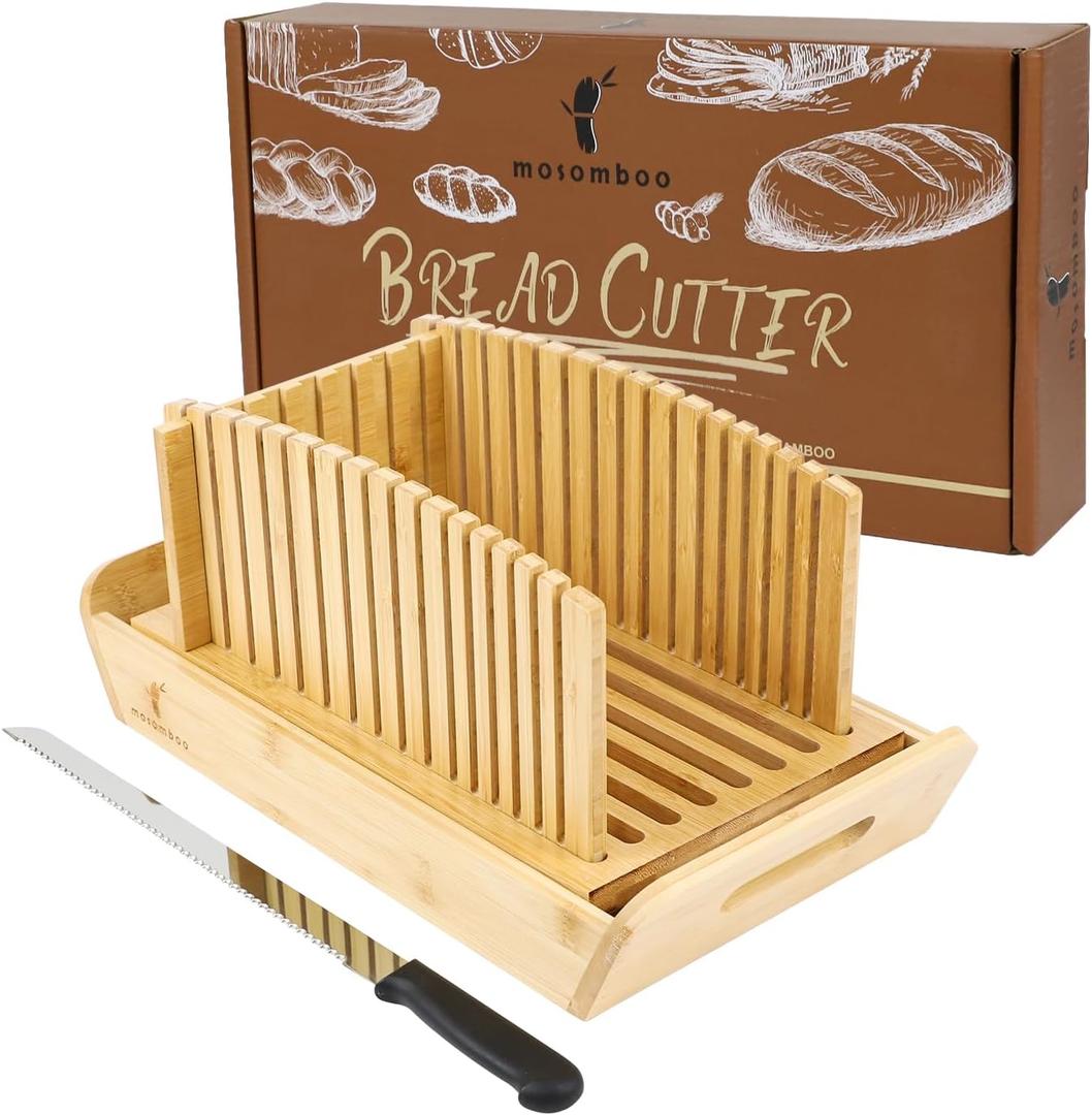 Bamboo Bread Slicer for Homemade Bread with Serrated Knife & Crumb Tray - Foldable Compact Bread Cutting Guide, Adjustable Bread Slicer, Bread Cutter Slicer for Homemade Bread, Cakes, Bagels