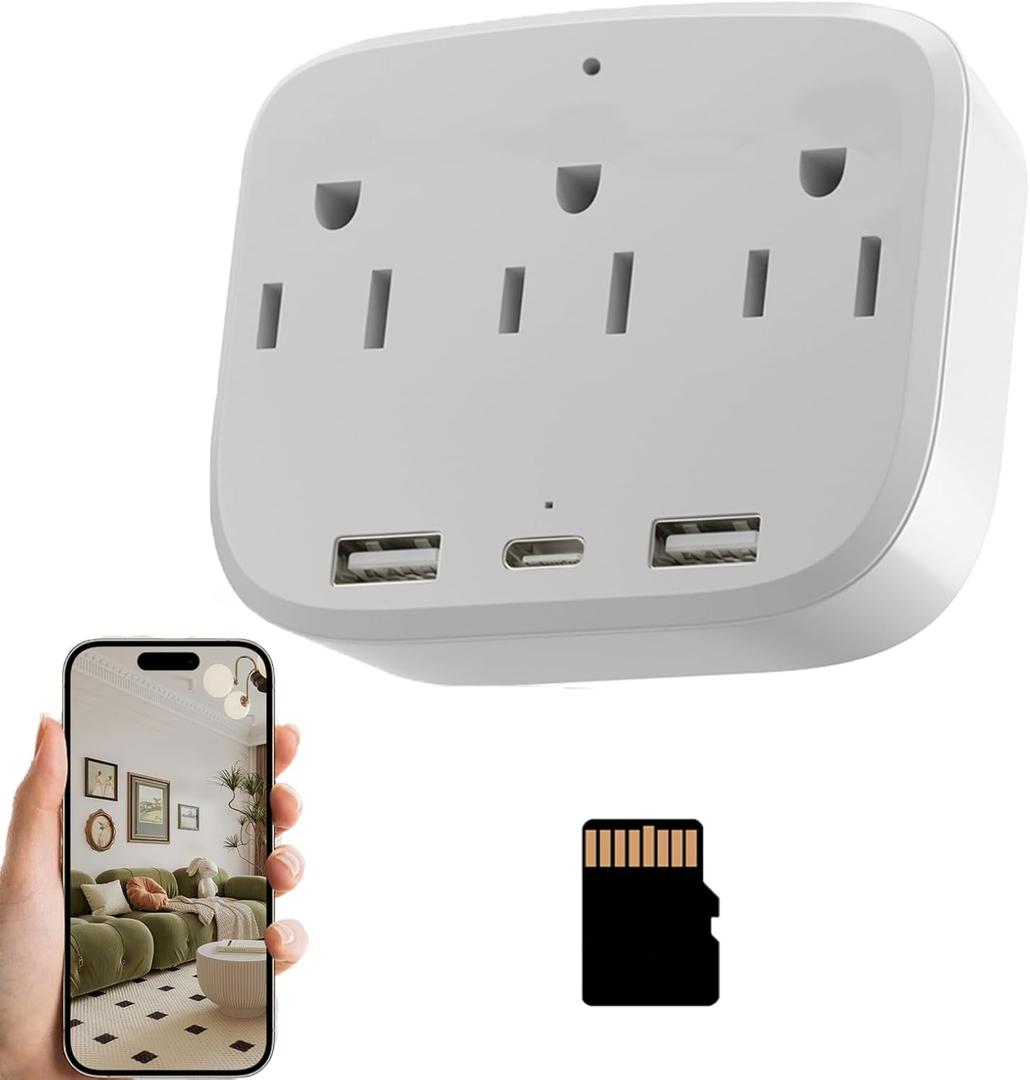 4K Ultra HD Mini Camera Wall-Mount Charger Plug,Power Strip Camera, Motion Detection Local Storage WiFi Remote Access, USB & Type-C Plug Cam with 64GB Card for Home Office Indoor Use -No Audio