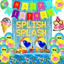 Summer Pool Birthday Party Decorations, Splish Splash Birthday Bash Decorations Tropical Balloons Banner Tablecloth for Kids Swimming Water Luau Tropical Hawaii Party Supplies