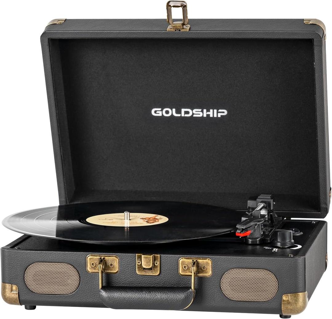 Portable Vinyl Record Player 3-Speed Bluetooth Turntable with Rechargeable Battery, Retro Suitcase Design, Aux in/RCA Line Out and Headphone Ports (White)