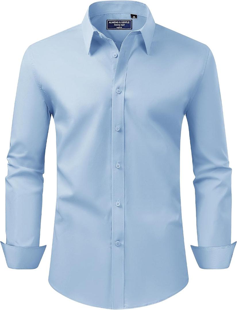 Alimens & Gentle Men's Dress Shirt Regular Fit Stretch Stain Shield Long Sleeve Solid Business Wedding Button Down Shirts, XL