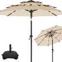 wikiwiki 10FT 3Tiers Solar LED Patio Umbrella with Base, Sturdy Outdoor Market Umbrella with Tilt, Crank and 32 LEDs for Terraces, Pool and Garden, Beige