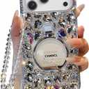 for iPhone 17 Pro Max Case for Women Girls,Luxury Plating Bling Glitter Diamond Design,iPhone 17 Pro Max Phone Case Girly Handmade Sparkle Rhinestone Soft TPU with Ring Stand and Bead Strap White