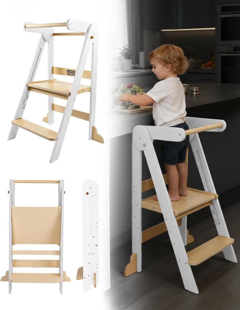 Foldable Toddler Tower - Space-Saving Folding Step Stool for Kitchen Counter, Step Stool Foldable Design, Wooden Kitchen Step Stool for Kids, White