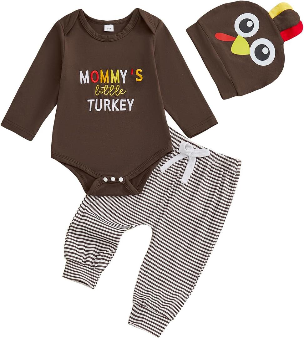 DSOKUHIB Newborn Baby Boy Thanksgiving Outfit Long Sleeve Letter Embroidery Romper Stripe Pants Turkey Hat Set Infant Clothes (12-18 Months, Brown)