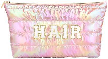 Hiroyuki Iridescent Makeup Bag, 14 inches Cosmetic Bag, Large Capacity Travel Pouch (Hair, pink)