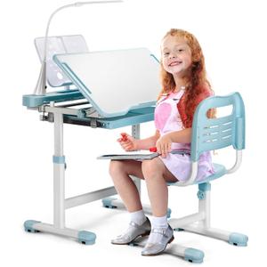 Rengue Kids Desk and Chair Set, Height Adjustable Children School Functional Study Desk with 55 Tiltable Desktop, 3 Modes & Brightness LED Light, Storage Drawer & Metal Hook for Boys Girls (Blue)