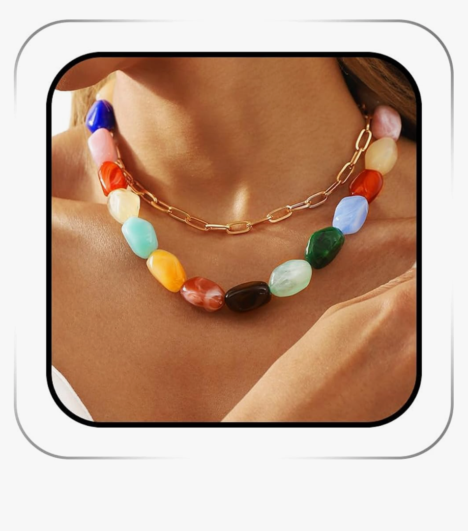 Colorful Gemstone Chunky Choker Necklaces Gold Vintage 2 Layered Chokers Rave Statement Neck Chain for Women