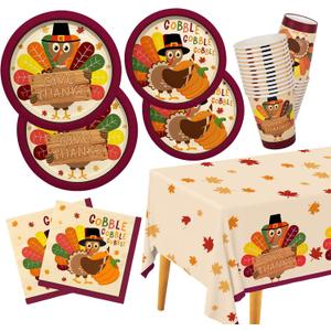 Gatherfun Turkey Thanksgiving Party Supplies Kit, Autumn Disposable Dinnerware Includes, Paper Dinner Plates, Dessert Plates, Napkins, Cups, and Tablecloth, for Fall party Decorations, Serve 25