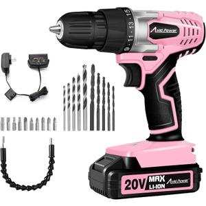 AVID POWER 20V MAX Lithium lon Cordless Drill Set, Power Drill Kit with Battery and Charger, 3/8-Inch Keyless Chuck, Variable Speed, 16 Position and 22pcs Bits (Pink)