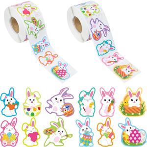 1200 PCS Easter Bunny Stickers Roll 12 Designs Easter Egg Rabbit Stickers Self-Adhesive Decorative Label Stickers for Envelopes Craft Card Gift Party Supplies, 2 Rolls