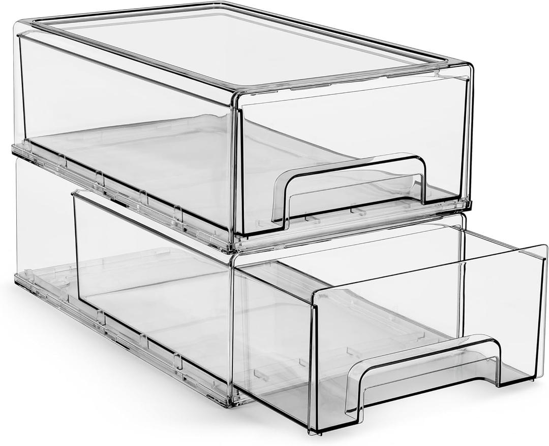 Sorbus Medium Clear Storage Drawers (2 Pack) Stackable Organizer Drawers for Fridge, Pantry, Kitchen Pull-Out Storage Bins with Handles, Slide Out Acrylic Drawers