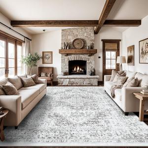Washable 10x14 Distressed Rugs: Living Room Area Rug Indoor Large Non Slip with Rubber Backing Boho Muted Laundry Carpet for Apartment Bedroom Office Light Grey