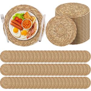 Kochorie Set of 120 Round Woven Placemats 12 Inches Bulrush Placemats Natural Hand-Woven Boho Rattan Placemat Wicker Table Mats Farmhouse Weave Place Mats for Home Dining