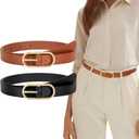 2 x XZQTIVE 2 Pack Women's Skinny Leather Belt Thin Belt for Women with Gold Buckle Plus Size Waist Belt for Jeans Dresses Pants (Brown)