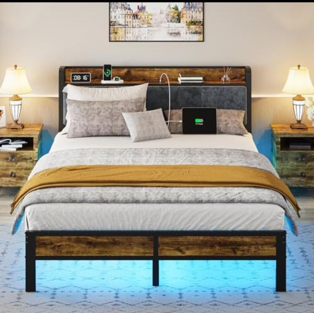 Liians Queen Bed Frame with Headboard, Metal Platform Bed with Smart LED Lights and USB Charging Station, Easy Assembly, No Box Spring Needed