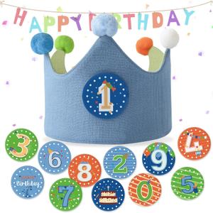 Reusable Birthday Crown with Numbers,Kids Birthday Hat Fabric Crown Pertain Kids Boy Toddler Girl Baby Bday Hats (Blue + Green)