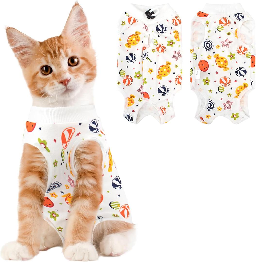 Cat Recovery Suit Female, Breathable Cat Onesie After Surgery Female for Abdominal Wounds or Skin Diseases, Surgery Recovery Suit Kitten Onesie After Spay Wear Anti Licking (Small, Candy)