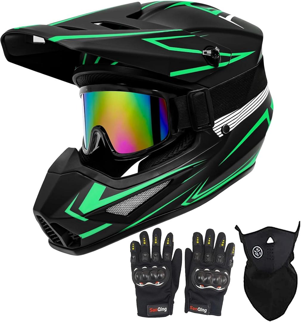 Youth Motorcross Helmet, Kids Dirt Bike Helmets, Motorcycle Helmets Off-Road Mountain Bike BMX MX ATV Helmet with(Gloves Goggles Mask) 4Pcs Set - DOT Approved (B-Green, X-Large)