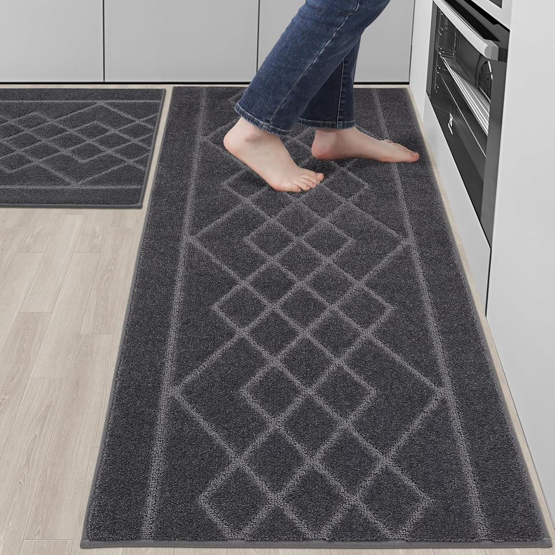 BEQHAUSE Kitchen Rugs Sets of 2 Washable Soft Kitchen Mats for Floor Non-Slip Kitchen Runner Rugs Absorbent Kitchen Floor Mats for Area Rugs,Sink,Hallway,Laundry 24x35+24x60,Dark Grey