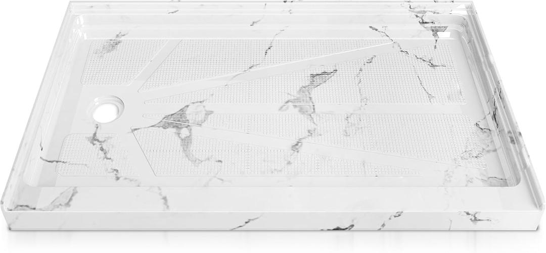 CKB 60 in x 32 in Shower Pan, Carrara White Alcove Shower Base with Left Drain, Low Profile Single Threshold, Acrylic Fiberglass, Slip Resistant