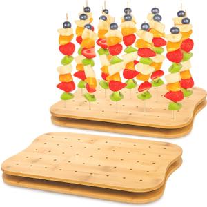 2 Pack Bamboo Skewer Holder, 90 Holes Fruit Kabobs Cocktail Pick Stand, Appetizer Food Display Serving Curved Board for Party, Buffet, Catering Event